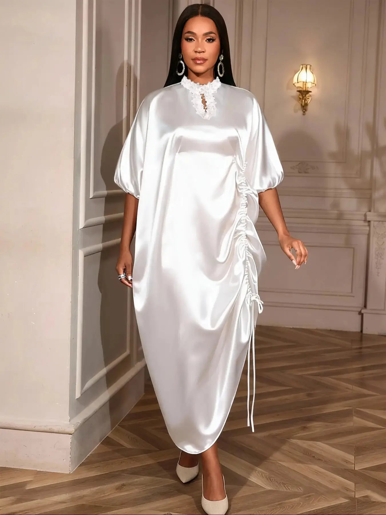 AOMEI Women's White Mock Neck Cut Out with Appliques Loose Adjustable Drawstring Bubu Kaftan Dress Long Satin Fabric Smooth Casual Wear Dress African Robes