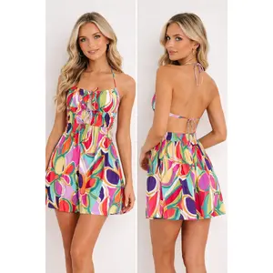 Women’s Multi Color Abstract Floral Print Mini Backless Dress