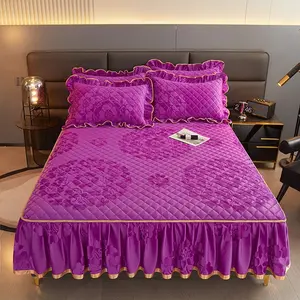 Elegant Floral Pattern Milk Velvet Bedskirt Set, Includes One Bedskirt and Two Pillowcases, Non-Slip Mattress Protector, Warm Soft