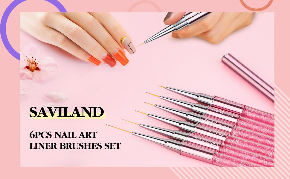 SAVILAND 6pcs Nail Art Liner Brushes Set with Crushed Diamond Handle for Gel Polish Nail Design & Detailing (Sizes 7/9/11/13/17/23mm)