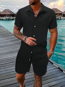 Men's Solid Color Striped Two-Piece Set - Button-Up Shirt and Drawstring Shorts Casual Sports Set, Men's Summer Set.