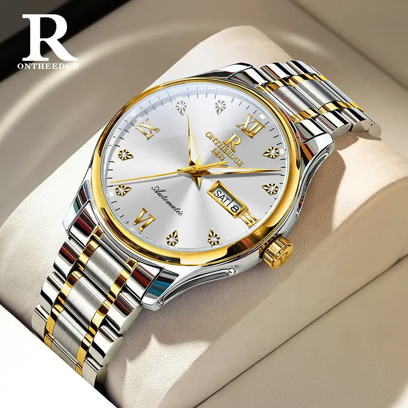 ONTHEEDGE Men's Automatic Luxury Watch - 2-Tone Stainless Steel Band, Classic White Dial Mechanical Elegant Business Dress Watch