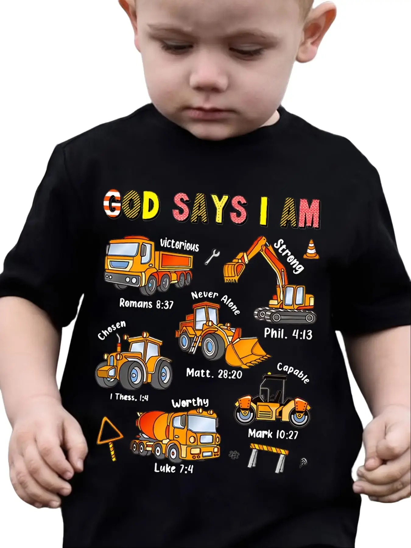 Toddler Boys' Christian Graphic T-Shirt, Cartoon Style Construction Vehicles Print with Bible Verses, Soft Cotton Blend Top for Birthdays, Fitted, Round, Printed Top, Toddler Tshirts, Comfy Top