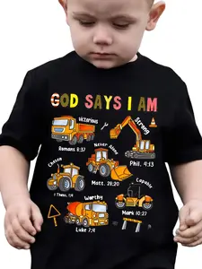 Cotton Kids' Slogan T-Shirt - God Says I Am Graphic Tee with Construction Truck & Bible Verse, Christian Religious Outfit for Toddler Boys