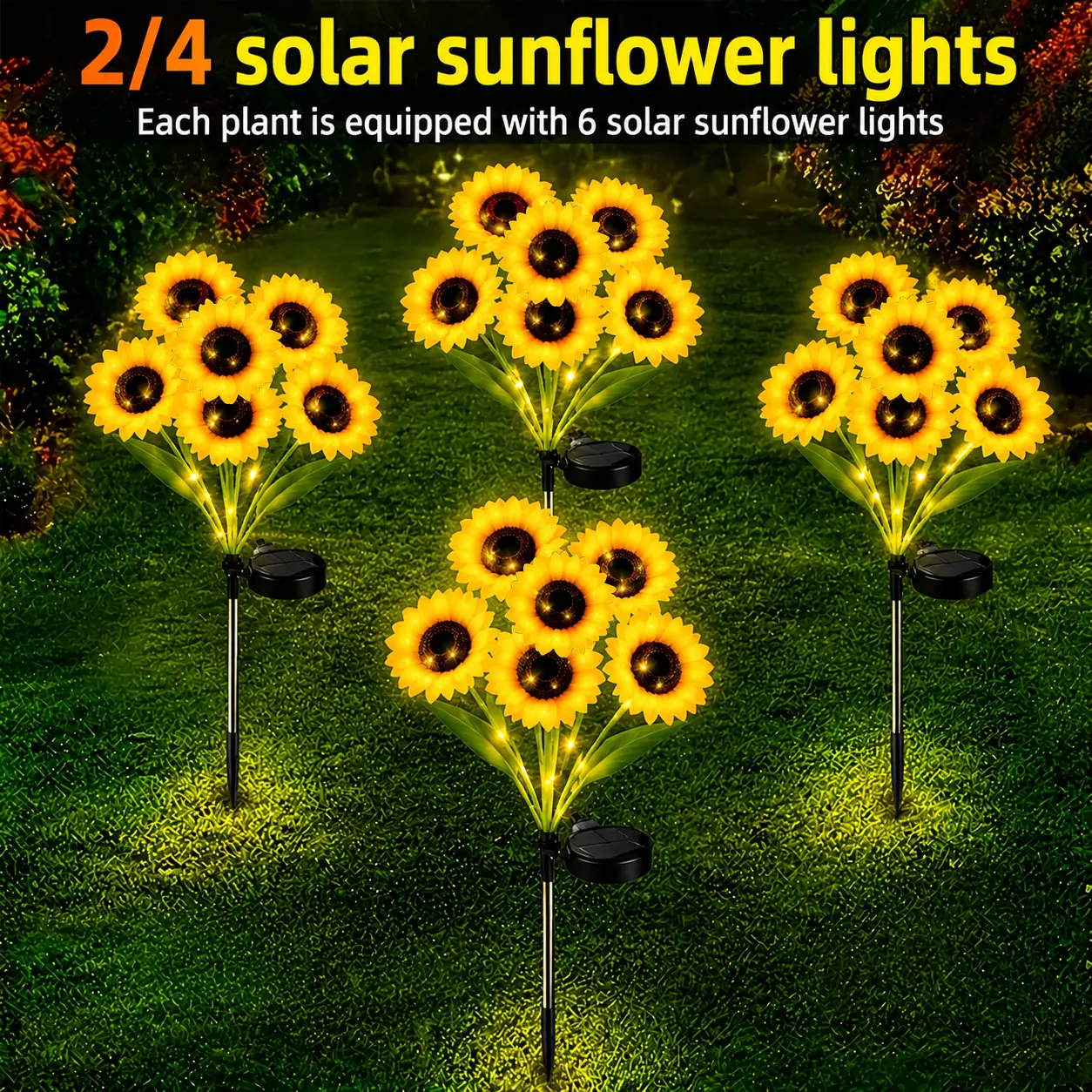 2PCS/4PCS solar sunflower garden lights, 12/24 total sunflowers, waterproof outdoor stake lights, automatic on/off solar garden decor for lawns and pathways