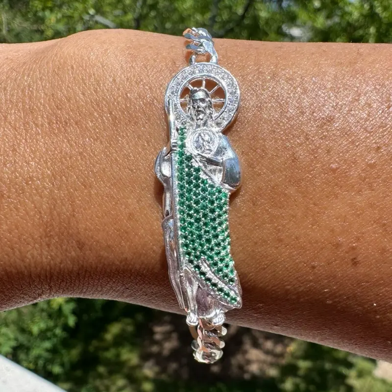 925 Sterling  Silver St. Jude Bracelet with Figaro Chain 7” Length