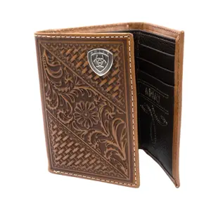 Ariat Men's Trifold Wallet - Tan Leather, Basket Weave Embossing, Floral Embossing (Style A3564108), Men's Accessories, Mens Gifts