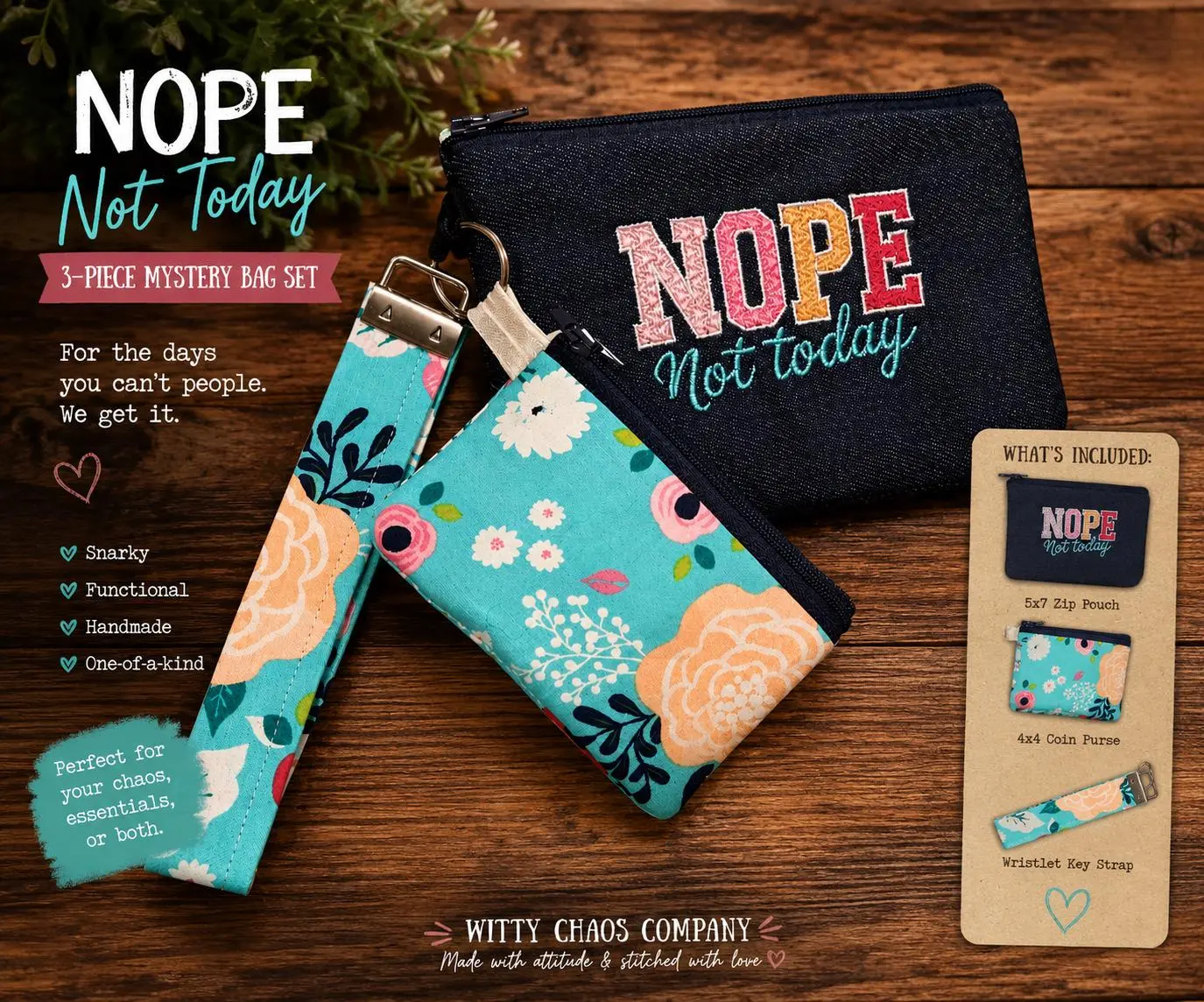 NOPE Not Today Mystery Bag Set | Funny Gift for Coworker, Snarky Zipper Pouch, Handmade Wristlet & Coin Purse, Sassy Everyday Carry