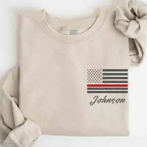 Personalized Firefighter Sweatshirt with Last Name, Thin Red Line Vertical Flag Crewneck, Custom Fire Service Apparel, Proud Fire Family Gift