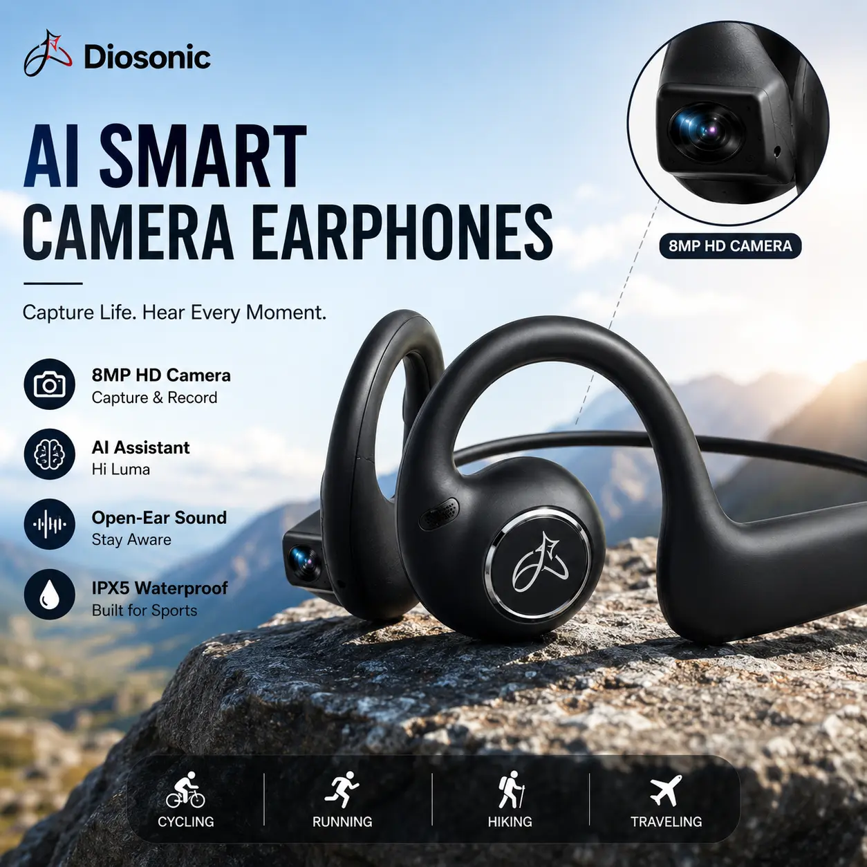 DIOSONIC New AI Smart Electronic Camera Headset - Bluetooth 5.3 Wireless Earbuds, 13MP Camera, 1080P Video, Wi-Fi Transfer, Magnetic Chargeable, Audio Recording, Instant Connection, IP54 Rated, IP56 Rated, Box + Pouch for Cycling Outdoor Sports