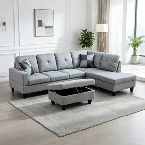 Modern Grey Linen Fabric L-Shaped Sectional Sofa Seating Suite - Fixed Arms, Padded Seats, Understated Tone Matches Various Home Decor, Cozy Support for Apartments
