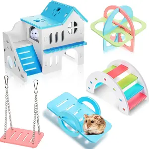 5 Pcs Hamster Toys Include Wooden Accessories Hamster House Guinea Pig Hideout Rainbow Bridge Seesaw Swing Exercise Circle Cage Toy for Small Animals(6.3 x 3.93 x 5.5 Inch,Blue) Hamster Toy Set with Hiding Place