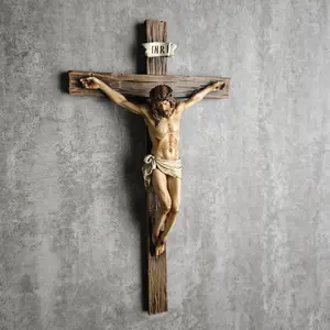 Stylish home decor, a sculpture embodying the spirit of Jesus, a high-end vintage heart-shaped wall-mounted wooden cross - multi-layered distressed wood grain texture.