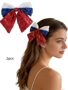Women's Independence Day Hair Clips Blue Sequins Bow Patriotic Theme Party Headwear, 2pcs Ladies Hair Accessories