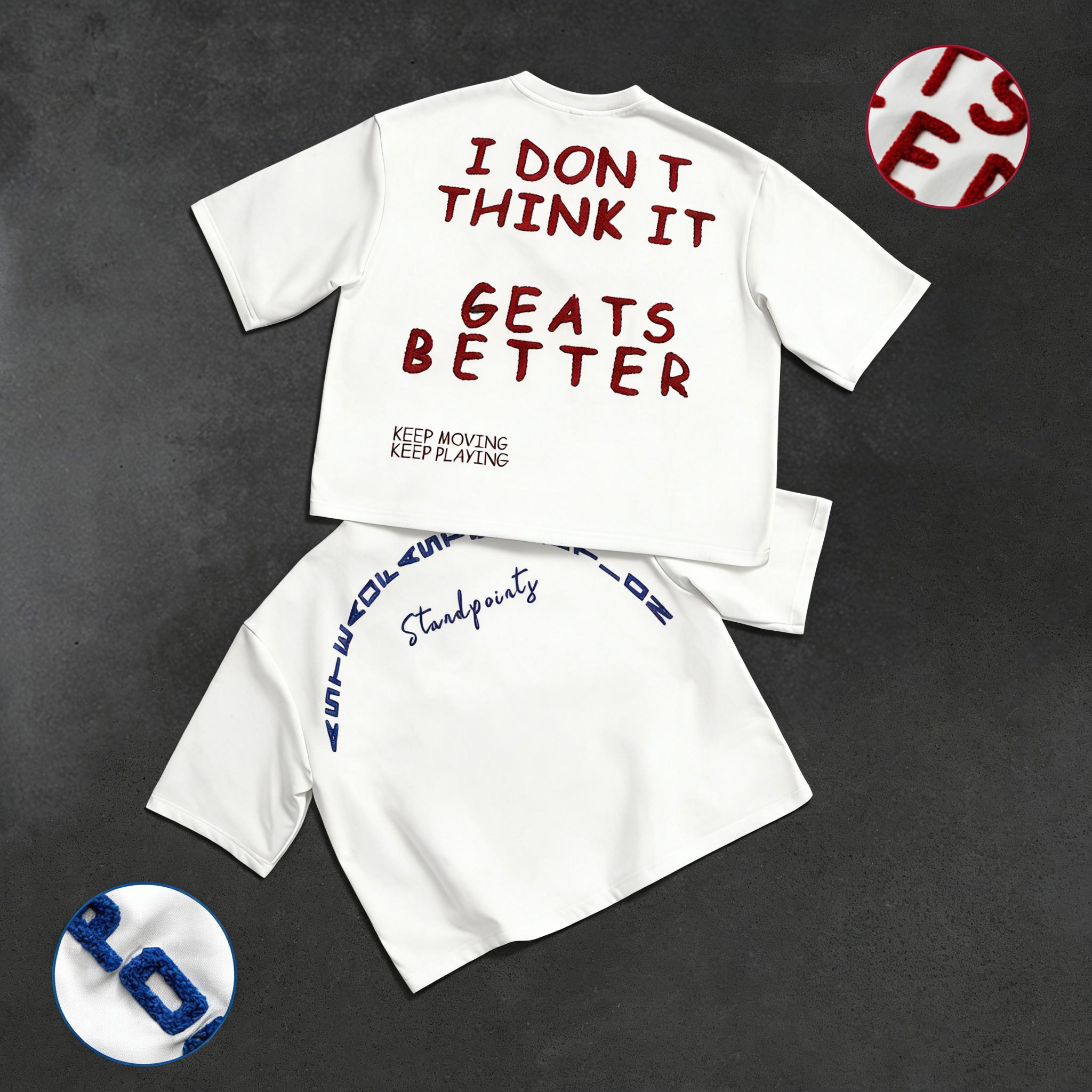 Unisex two-piece set, cropped Y2K street style. Short-sleeve loose oversized top featuring a curved back and towel embroidery with lettering. Perfect for summer fashion styling and trendy parties; an ideal gift for a boyfriend or husband.