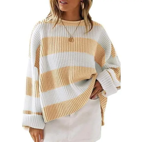 ZESICA Women's Oversized Striped Knitwear 2026 - Cozy Color Block Crew Neck Pullover, Casual Fall Fashion Must-Have, Women's Tops, Do Not Bleach, Line Dry, Super Soft Wash