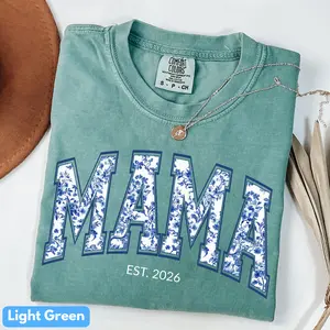 Mama Blue Toile de Jouy Chinoiserie Comfort Colors TShirt, Est. 2026 Custom Date