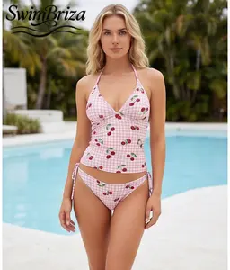 Briza｜Women's Halter Tankini Swimsuit Set Two Piece Bathing Suit Pink Gingham Cherry Print Tie-Side Bikini Bottoms Slinky Tank Top Beachwear Vacation Pool Summer Swimwear, Women's Swimwear, Bathing Suit for Women, Bikini Set, Halter Neck