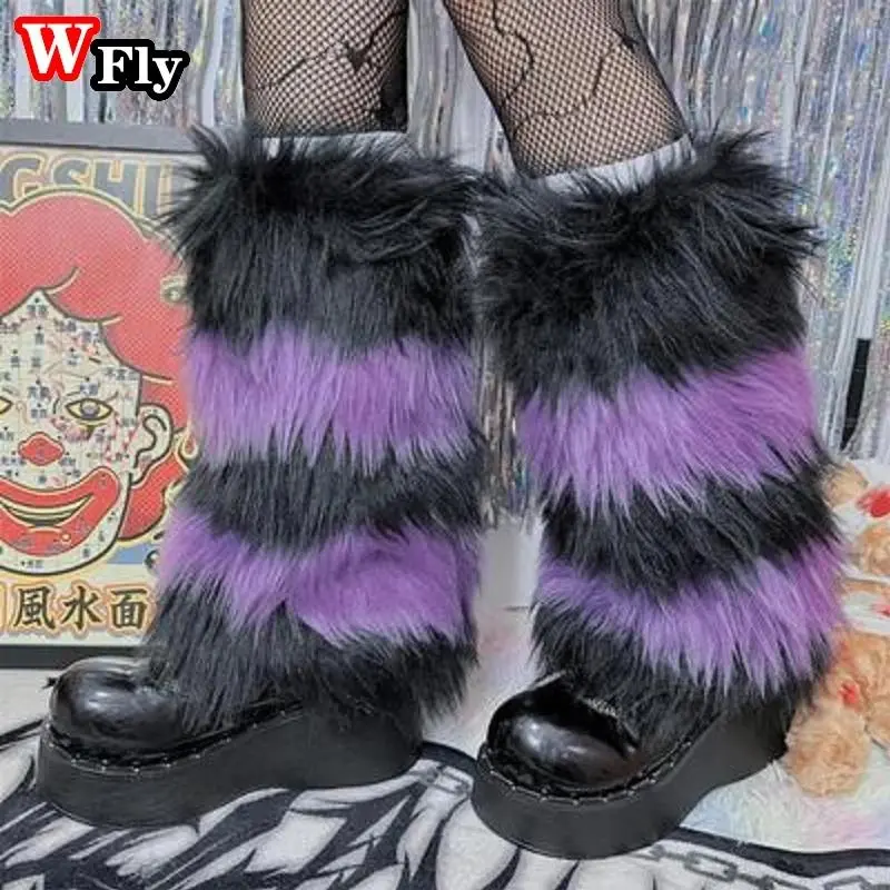 Multi-color plush stripe Leg Warmers Spicy Girls Millennium Gothic punk woman Leg Warmers y2k Harajuku