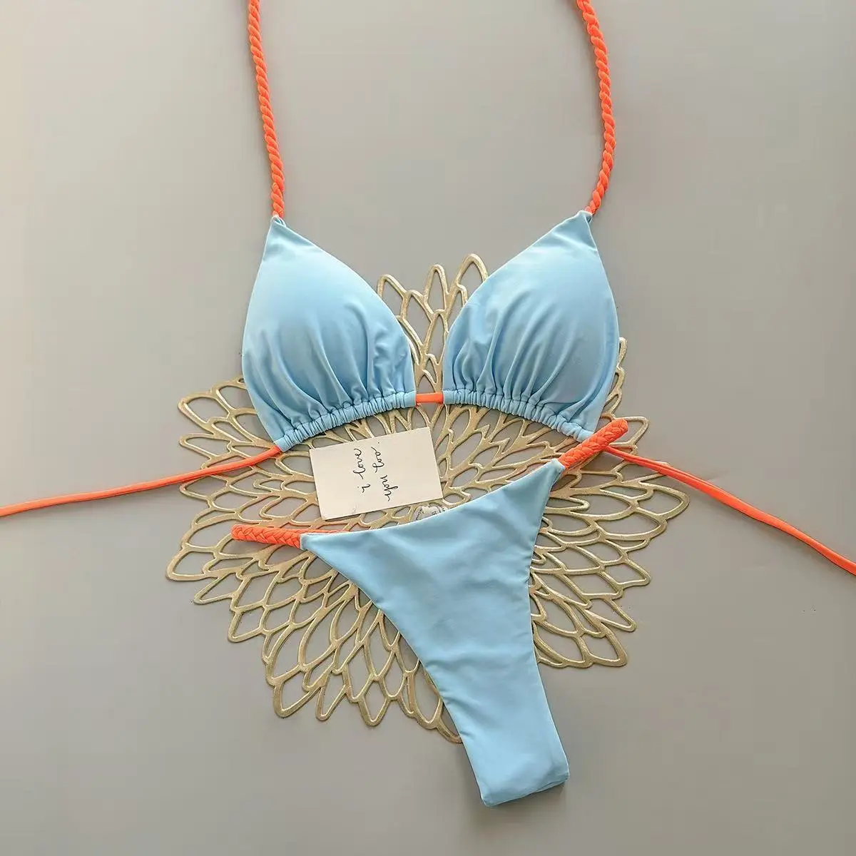 Women's 2-Piece Blue Beach Style Bikini Set - Triangular Cup Top, High-Waisted Bottoms, Suitable for Beach Vacations, Hot Spring Use, Beach Style Bikini Sets