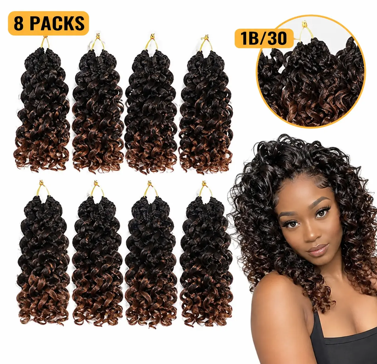 8 Inch Pre-Looped GoGo Curl Crochet Hair 8 Packs 1B Deep Wave Braiding Hair