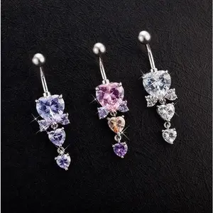 1PC Stainless Steel Exquisite Triple Heart Crystal Bow Dangle Navel Piercing