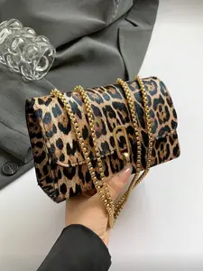 Vintage Fashion Leopard Print Flap Mini Square Bag Metal Double Chain Shoulder Bag Adjustable Crossbody Bag for Women Daily Student Casual Use New Autumn Winter Cheetah Print Wallet Tiger Pattern Bag