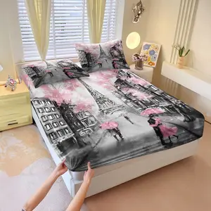 3Pcs Parisian Romance Fitted Sheet Set, Black-and-White with Pink Accents, Featuring Embracing Couple under Umbrellas, Cherry Blossom Design Perfect for Bedroom Decor, Revitalize Your Space! Includes 2 Pillowcases, No Pillow Core