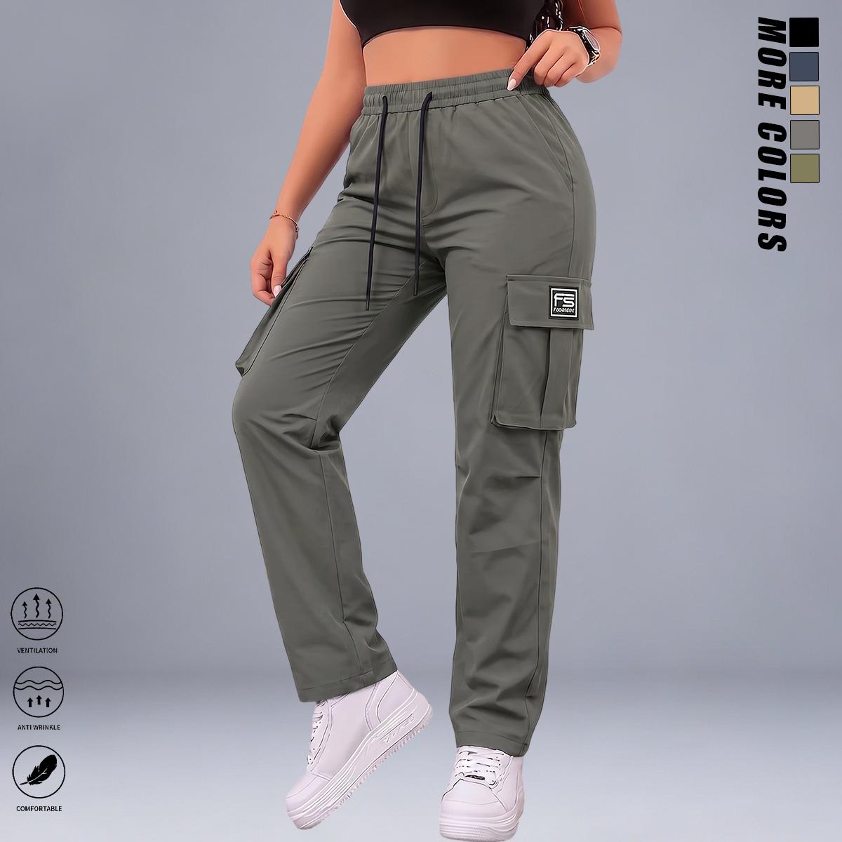 3PCS women’s cargo pants: casual, elastic waist, pockets; suitable for summer outfits, everyday commuting and casual wear; minimalist bottoms, basic style, vacation wear, beachwear, sporty casual style; comfortable loose fit; casual drawstring high-waist