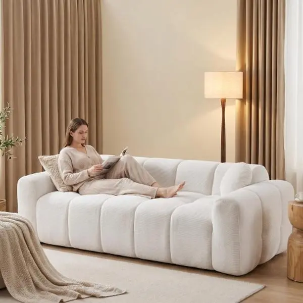 98.4" Extra Large Compression 3-Seater Cloud Sofa, Soft Corduroy Puff Upholstered Couch with 2 Pillows, Vacuum Packed No Assembly Sofa for Apartment, Studio & Small Living Spaces，White