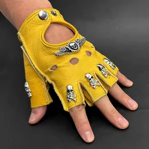 1 Pair Half Finger Genuine Leather Gloves Studded Skull Mens Punk Rock Gloves