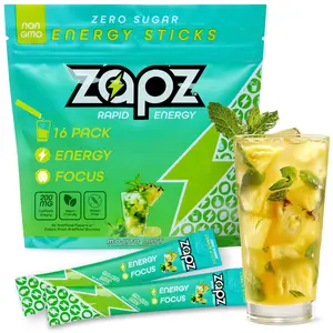 ZAPZ Energy Drink Powder Mix – Mojito Mist, 16 Pack 200mg Caffeine Zero Sugar Drink Mix Focus Support 5 Calories Vegan Gluten Free B Vitamins  Sports Beverage