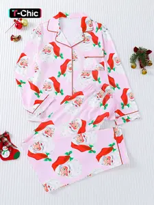 2-piece set of small grass red hat, Santa Claus Halloween long sleeved pants, soft and comfortable top, small pocket button top, elastic waistband suitable for all seasons home casual clothing Pajamas