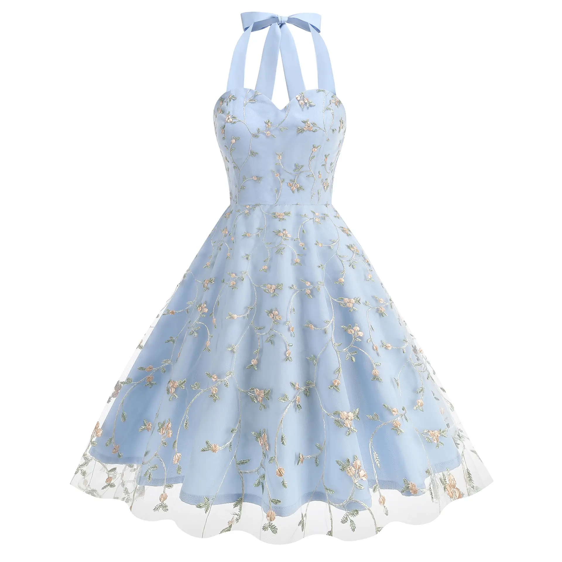 Ladies' summer sleeveless camisole dress, elegant dress with mesh embroidery and embroidery