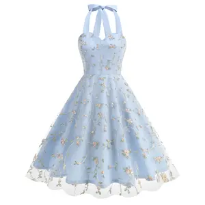 Ladies' summer sleeveless camisole dress, elegant dress with mesh embroidery and embroidery