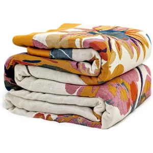 100% Cotton Soft Boho Throw Blanket for Bed, 50"x60" Reversible Breathable Lightweight, All Seasons Farmhouse Decor Floral Plant Butterfly Throw Quilt