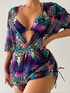 Three-piece Set Women's Plants Print Swimsuit Set, Including Swimsuit Cover Up & Halter Top & Panty, Fashion Chic Ladies Bathing Suit for Beach Holiday Vacation