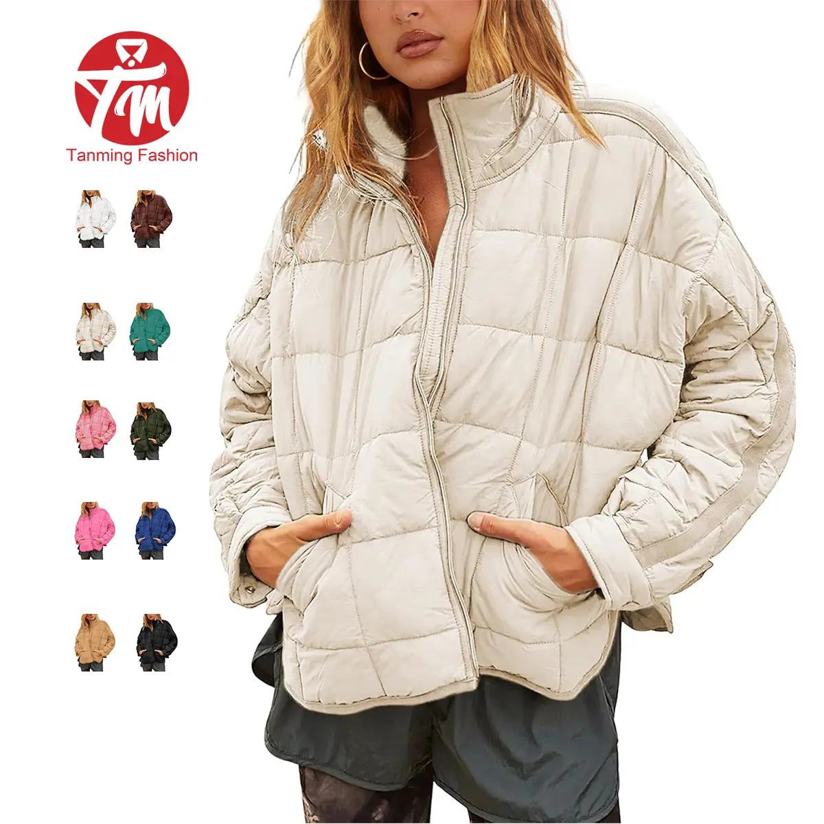 Tanming Women's Quilted Puffer Jacket Long Sleeve Casual  Lightweight Padded Coat  with Side Pockets