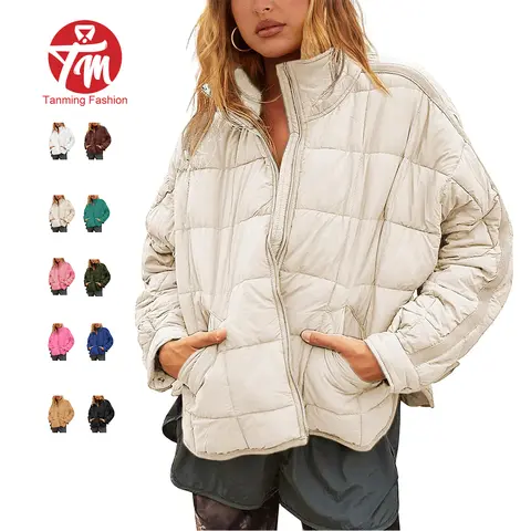 Tanming Womens Lightweight Packable   Puffer Jacket - Stand Collar Grid Quilted Cropped Zip Up Winter Coat with Pockets - Fall Winter Spring Casual Outdoor Streetwear