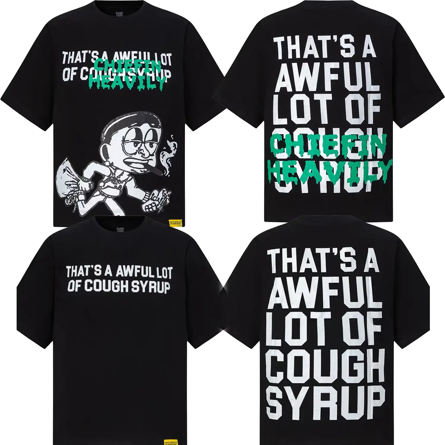 That's A Awful Lot of Cough Syrup T-Shirt - Black with Green Text and Cartoon Design - Comfortable and Stylish