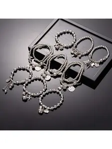 Popular imitation silver bead tassel double-loop bracelet with color-retaining Tibetan silver lucky cat pendant