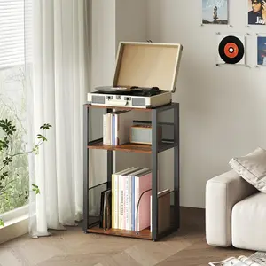 Sofa Side Table, 27in Tall Record Stand with LP Storage, Living Room End Table for Record Player, 3 Tier Metal Mesh Side Table for Couch, Brown