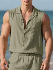 Sleeveless Collared Button Up Shirt for Men | Casual Pocketed Vest Tank | Lightweight Breathable Fabric | Trendy Summer Streetwear for Vacation, Gym & Everyday Outfits