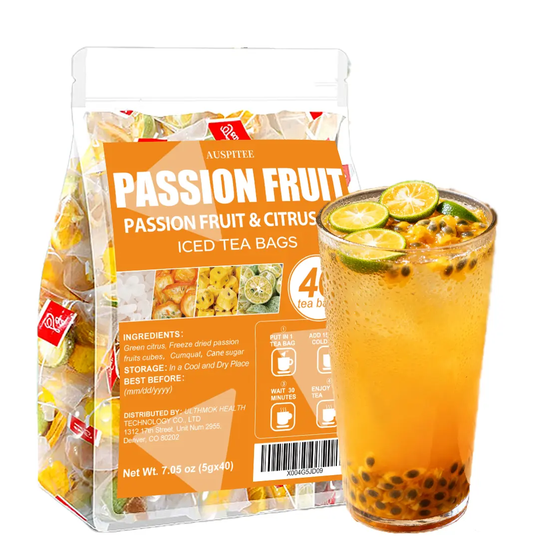 Passion Fruit Iced Tea 40Bags 7.05Oz Green Citrus Fruit Tea with Sugar For Summer Gift Afternoon Beverage Drink