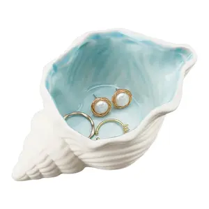 Conch Shape Ceramic Jewelry Tray, Aqua Shell Trinket Dish Ceramic Ring Earring Holder Ocean-themed Decorative Trinket Plate for Rings Earrings Necklaces Bracelet Jewelry Watch Keys