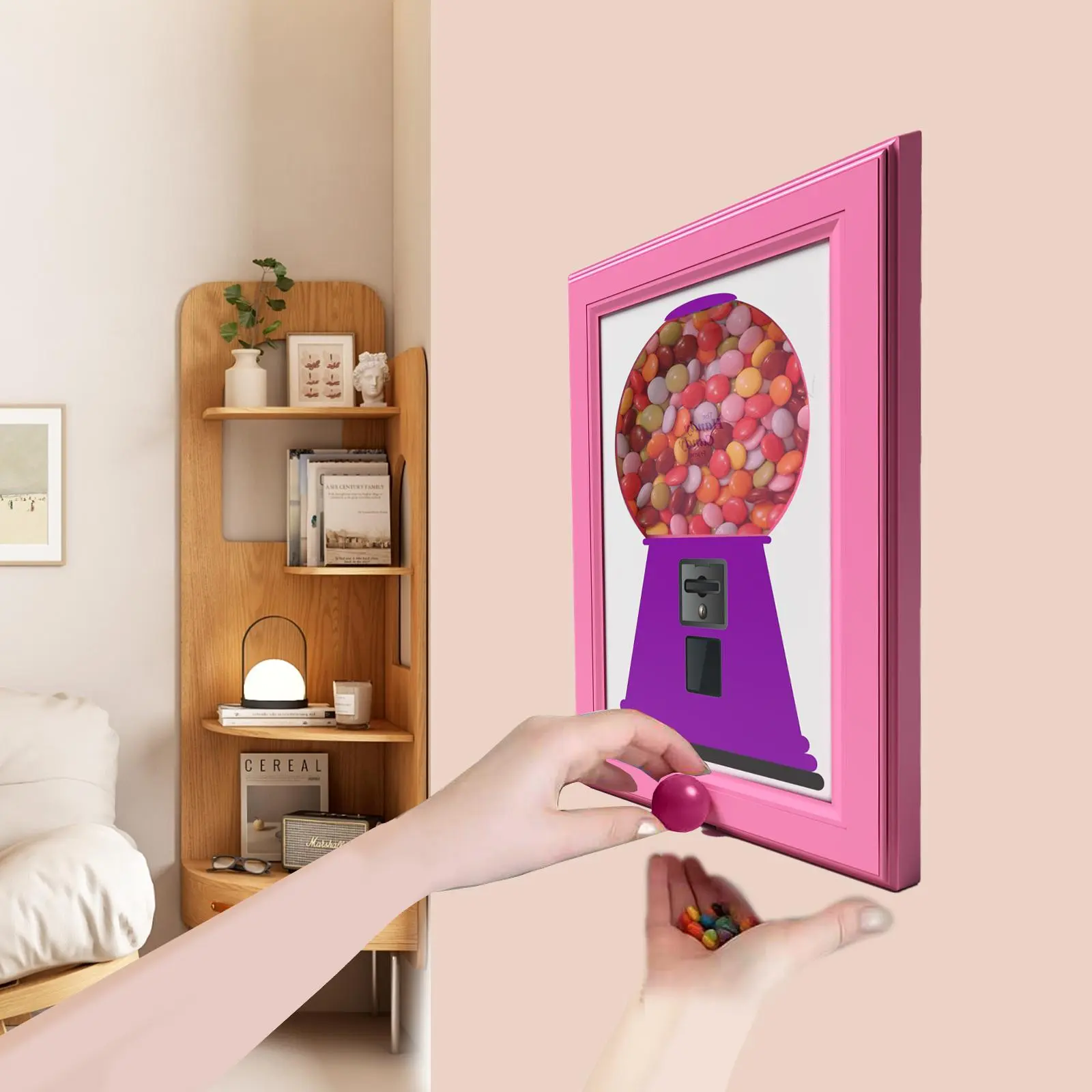 Cute Pink Wall-Mounted Candy Dispenser Photo Frame Design Twister Hanging Candy Photo Frame Box Unique ABS Material Convenient Quick Dispensing for Candy Nuts Pet Snacks Christmas Gift