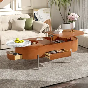 Lift Top Coffee Table with 360-degree Marble-patterned rotating tray,Hidden Compartment, Partially Assembled Wooden Center Table, Modern Oval Lift Tabletop for Home Living Room