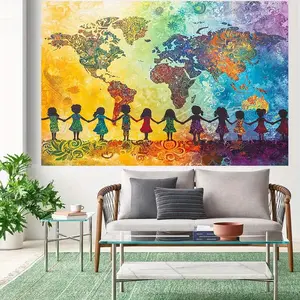 Cultural World Map Backdrop Diversity Theme Backdrop Human Unity Background Cloth Art Tapestry Wall Hanging Photography Background Polyester Fiber Event Party Studio Exhibition Home Decor Studio Prop Educational Wall Art