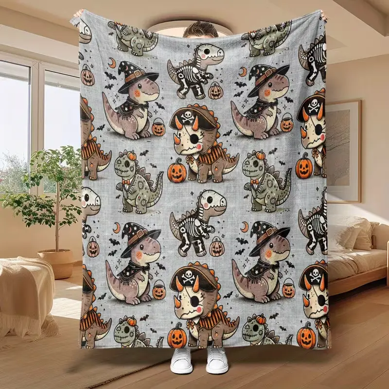 Cute Halloween Dinosaur Flannel Throw Blanket with Witch Hat, Pirate, Skeleton Dino, Pumpkin and Bat Print, Soft Cozy Lightweight Fleece Blanket for Couch, Bed, Sofa and Travel, Spooky Fall Home Decor Gift for Kids, Teens and Dino Lovers