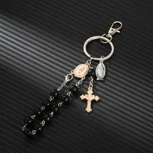 Vintage Cross & Medal Charm Keychain, Beaded Tassel Bag Accessory, Dainty Decorative Purse Charm, Multi-Charm Key Ring with Rhinestone Cross & Beaded Chain